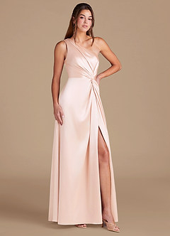 Azazie Brooke Bridesmaid Dresses Rose Gold A-Line One Shoulder Metallic Satin Dress image3