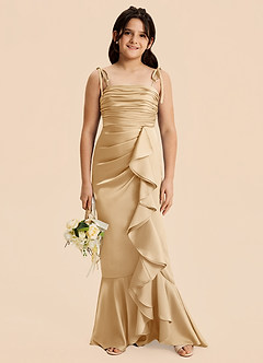 Azazie Ryan Junior Vestido de Oro de Satén Elástico de Corte Recto con Lazo image6