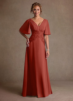 Azazie Milliat Mère de la mariée Robes Robe Trapèze en Mousseline de soie Dentelle Terracotta image1