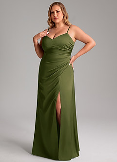 Azazie Azuree Robes de demoiselle d'honneur Robe Trapèze en Satin extensible Plissé Olive Vif image9