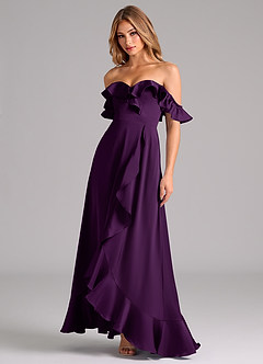 Azazie Lyra Bridesmaid Dresses Grape A-Line Off the Shoulder Stretch Satin Convertible Dress image4