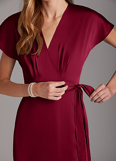 Azazie Nico Bridesmaid Dresses Burgundy A-Line V-Neck Stretch Satin Dress image7