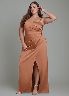 Azazie Calandra Bridesmaid Dresses Bronzer Sheath Pleated Stretch Satin Dress image10