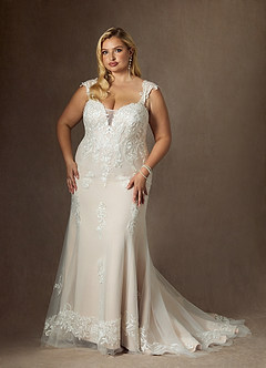 Azazie Roux Vestidos de novia Vestido de Blanco Diamante Champán de Satén de Corte Sirena con Lentejuela image9