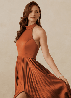 Christian Siriano Bridal for Azazie 1007 Bridesmaid Dresses Cinnamon A-Line Pleated Stretch Satin Dress image2