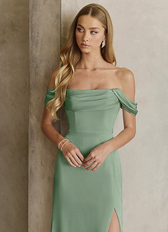Azazie Saige Bridesmaid Dresses Matcha Sheath Off the Shoulder Stretch Satin Dress image2
