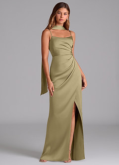 Azazie Calandra Bridesmaid Dresses Moss Green A-Line Pleated Stretch Satin Dress image2