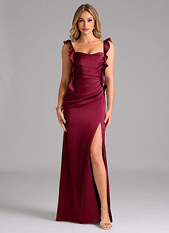 Azazie Jessamine Bridesmaid Dresses Burgundy A-Line Corset Stretch Satin Dress image3