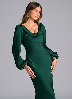 Azazie Melani Bridesmaid Dresses Emerald Mermaid Long Sleeve Stretch Satin Dress image6