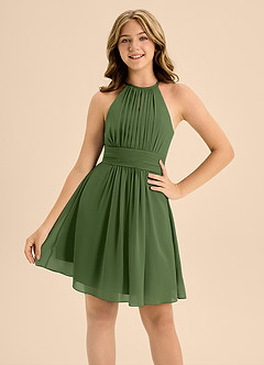 Azazie Bonnie Junior Olive A-Line Pleated Chiffon Dress image5