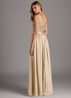 Azazie Elly Bridesmaid Dresses Champagne A-Line Lace Scoop Neck Chiffon Dress image5