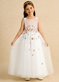 Azazie Eleni Blumenmädchenkleider Ballkleid Schleifen Tüll Kleid Elfenbein Englisches Rosa image4