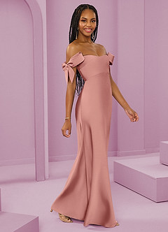 Barbie ♥ Azazie Bridesmaid Dresses Rosette Sheath Off the Shoulder Stretch Satin Convertible Dress image1
