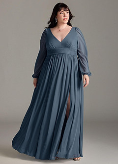 Azazie Norah Bridesmaid Dresses Neptune A-Line V-Neck Long Sleeve Chiffon Dress image6