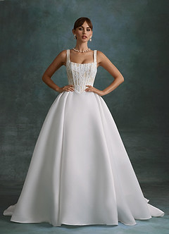 Azazie Belle Wedding Dresses Diamond White Champagne Ball-Gown Satin Dress image1