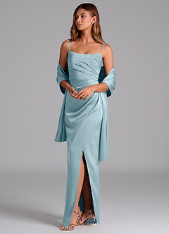 Azazie Calandra Robes de demoiselle d'honneur Robe Trapèze en Satin extensible Plissée Bleu Maussade image5