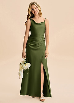 Azazie Abby Junior Olive A-Line Pleated Stretch Satin Dress image1