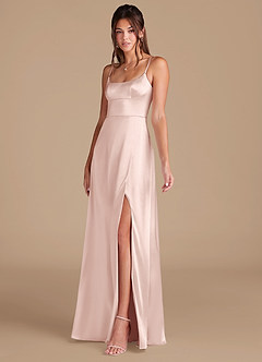 Azazie Halsey Bridesmaid Dresses Blushing Pink A-Line Side Slit Metallic Satin Dress image4