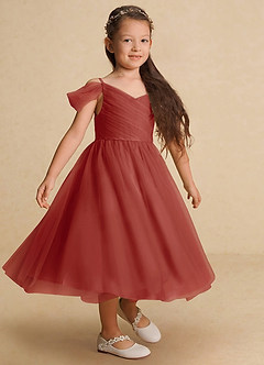 Azazie Lizzette Robe Demoiselle D'honneur Fillette Robe Trapèze en Tulle Rayé Terracotta image4