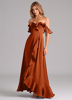 Azazie Lyra Bridesmaid Dresses Burnt Orange A-Line Off the Shoulder Stretch Satin Convertible Dress image4