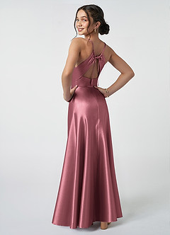 Azazie Avelina Junior Desert Rose A-Line Pleated Metallic Satin Dress image2
