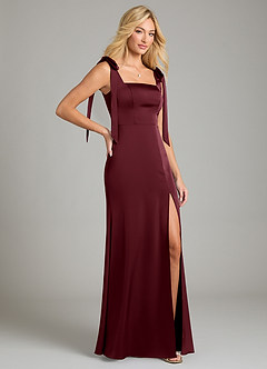 Azazie Frostine Vestidos de damas de honor Vestido de Cabernet de Satén Elástico de Corte en A con Lazo image5