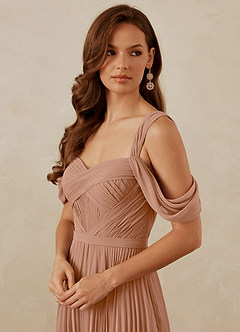Christian Siriano Bridal for Azazie 1013 Bridesmaid Dresses Champagne Rose A-Line Off the Shoulder Chiffon Dress image2