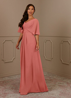 Azazie Oksana Salmon Pink A-Line V-Neck Pleated Chiffon Dress | Azazie
