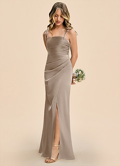 Azazie Reagan Junior Taupe Sheath Pleated Stretch Satin Dress image1