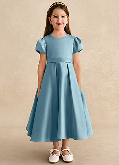 Azazie Princess Robe Demoiselle D'honneur Fillette Robe Trapèze en Mat Satiné Plissée Bleu Maussade image5