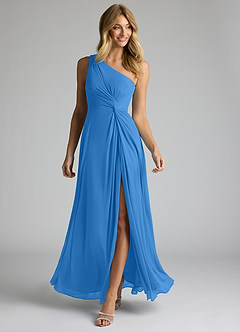 Azazie Brooke Bridesmaid Dresses Blue Jay A-Line One Shoulder Mesh Dress image2