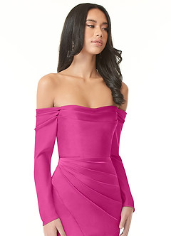Azazie Hallie Brudtärnklänningar Klänning av Tubklänning i Stretch Satin Off-The-Soulder långärmad Fuchsia Konvertibel image1