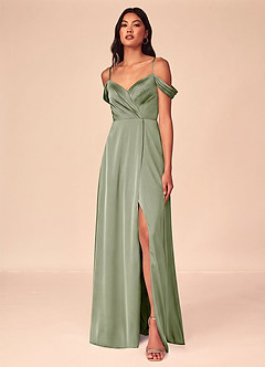 Azazie Ocean At-home Try On Dresses Rosette A-Line V-Neck Pleated Stretch Satin Dress image1