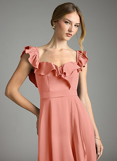 Azazie Lyra Bridesmaid Dresses Coral A-Line Off the Shoulder Stretch Satin Convertible Dress image2