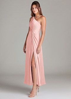Azazie Brooke Robes de demoiselle d'honneur Robe Trapèze en Satin extensible Une épaule Rose Poudré image5