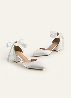 front Satin Pearl and Bow Pointed Toe Block Heels