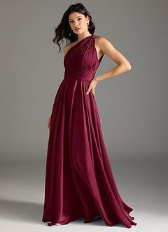 Azazie Charlize Bridesmaid Dresses Burgundy A-Line One Shoulder Stretch Satin Dress image13