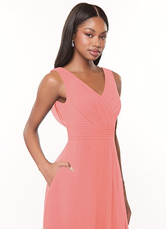Azazie Karina Bridesmaid Dresses Coral A-Line Pleated Chiffon Dress image5