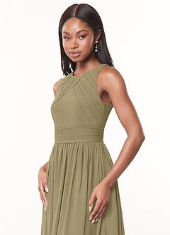 Azazie Harper Robes de demoiselle d'honneur Robe Trapèze en Mousseline de soie Plissée Vert Mousse image5