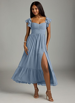 Azazie Anaya Bridesmaid Dresses Dusty Blue A-Line Pleated Chiffon Dress image1