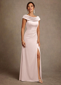 Azazie Irvine Mother of the Bride Dresses Blushing Pink A-Line Pleated Stretch Satin Dress image4