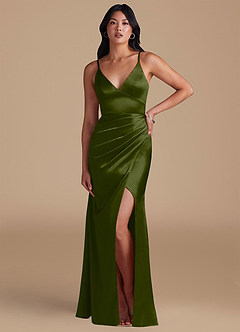Azazie Shania Bridesmaid Dresses Olive Sheath Pleated Metallic Satin Dress image5