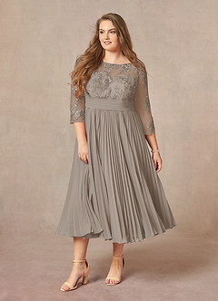 Azazie Tutu Mother of the Bride Dresses Taupe A-Line Boatneck Lace Chiffon Dress image9