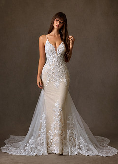 Azazie Selene Final Sale Diamond White Champagne Mermaid V-Neck Lace Dress image1