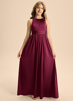 Azazie Jaylah Junior Burgundy A-Line Pleated Stretch Satin Dress image6