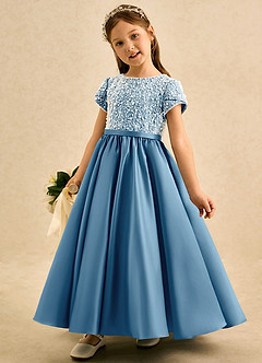 Azazie Cashew Flower Girl Dresses Steel Blue Ball-Gown with Sleeves Matte Satin Dress image3