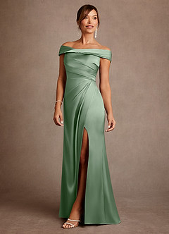 Azazie Bedford Mother of the Bride Dresses Matcha Sheath Pleated Stretch Satin Dress image2