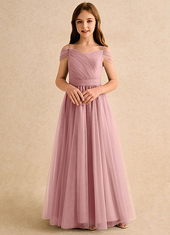 Azazie Yuna Girls Formal Abiti da Ragazza di Fiori Abito A-Line in Tulle Spalle Scoperte Rosa Polverosa image4