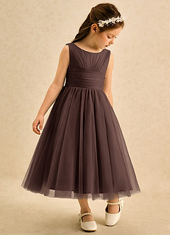 Azazie Macaron Robe Demoiselle D'honneur Fillette Robe Trapèze en Tulle Plissée Ganache image1