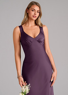 Azazie Kamila Bridesmaid Dresses Plum A-Line Pleated Stretch Satin Dress image7